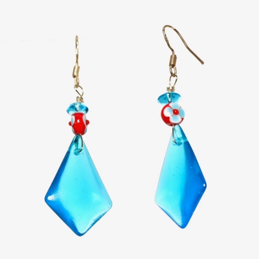 Blue Sea Glass Diamond Shape with Flower Earrings
